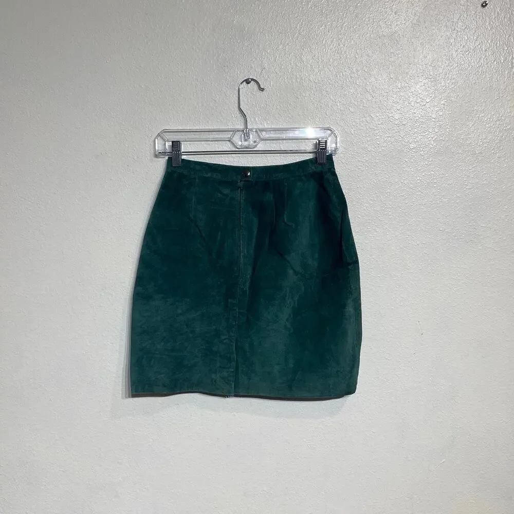 Global Identity Olive Green Suede Leather Mini Skirt Vintage Y2K Sz 13/14